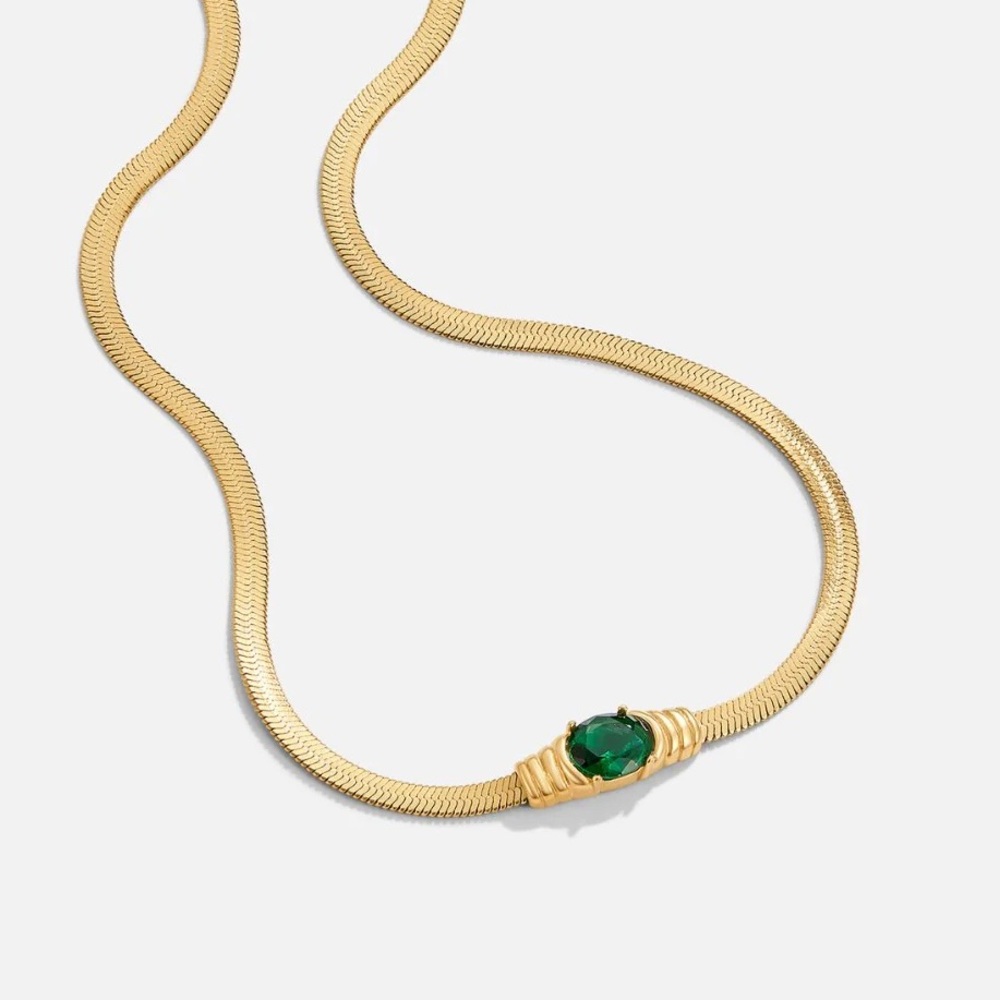 18K Gold 3mm Herringbone Snake Chain Necklace*Green Emerald Cubic Zirconia*LW